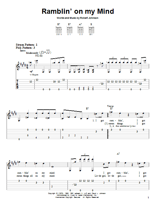 Robert Johnson Ramblin' On My Mind sheet music notes and chords. Download Printable PDF.