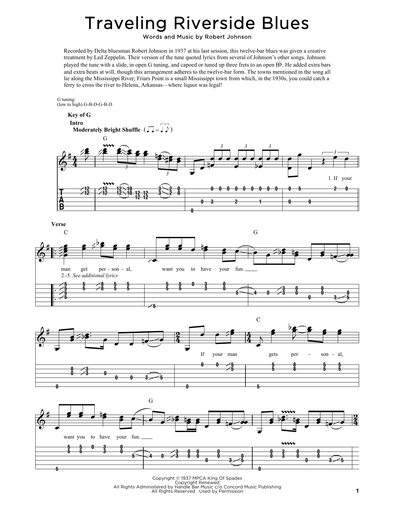 Robert Johnson Traveling Riverside Blues sheet music notes and chords. Download Printable PDF.