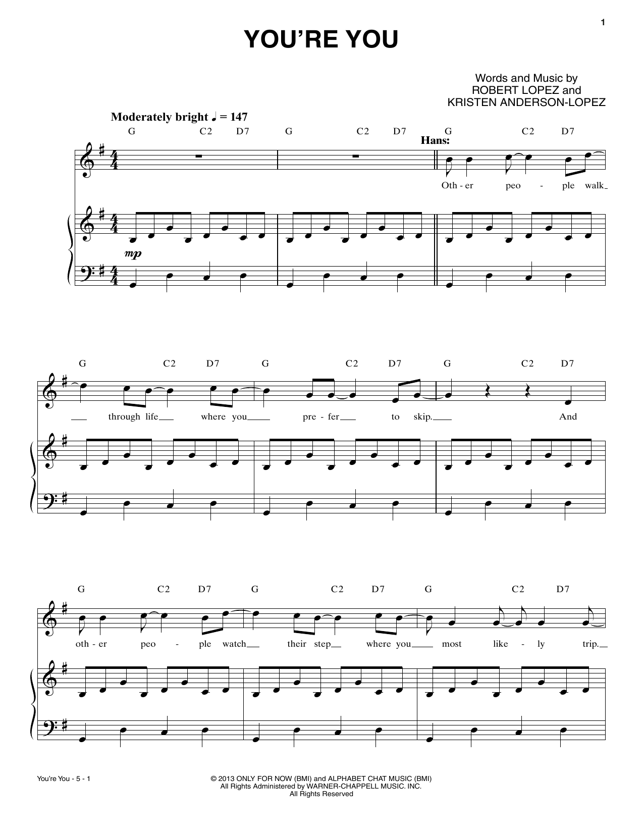 Learn to play Robert Lopez You're You sheet music for Piano & Vocal in minutes. Price: 7.8900$ Robert Lopez You're You sheet music notes and chords arranged for Piano & Vocal
