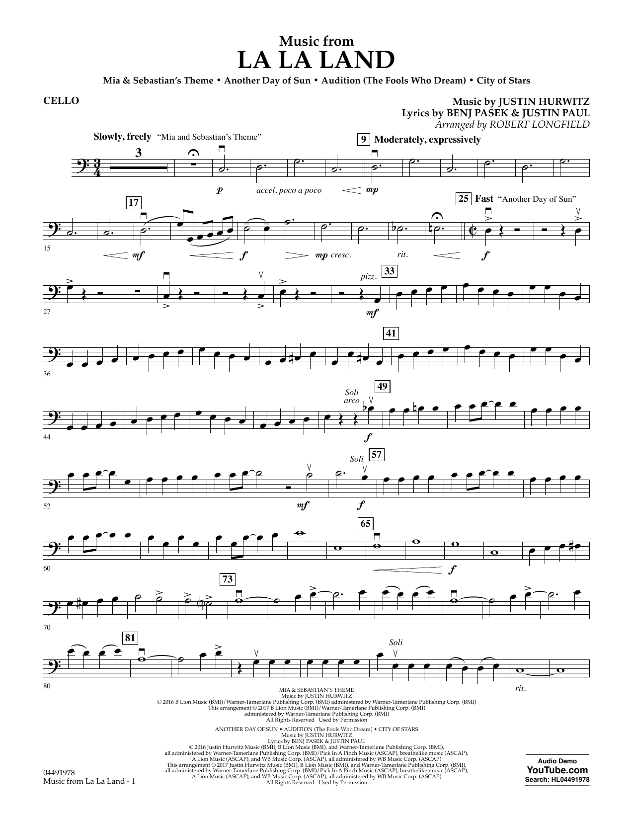 Robert Longfield Music from La La Land - Cello sheet music notes and chords. Download Printable PDF.