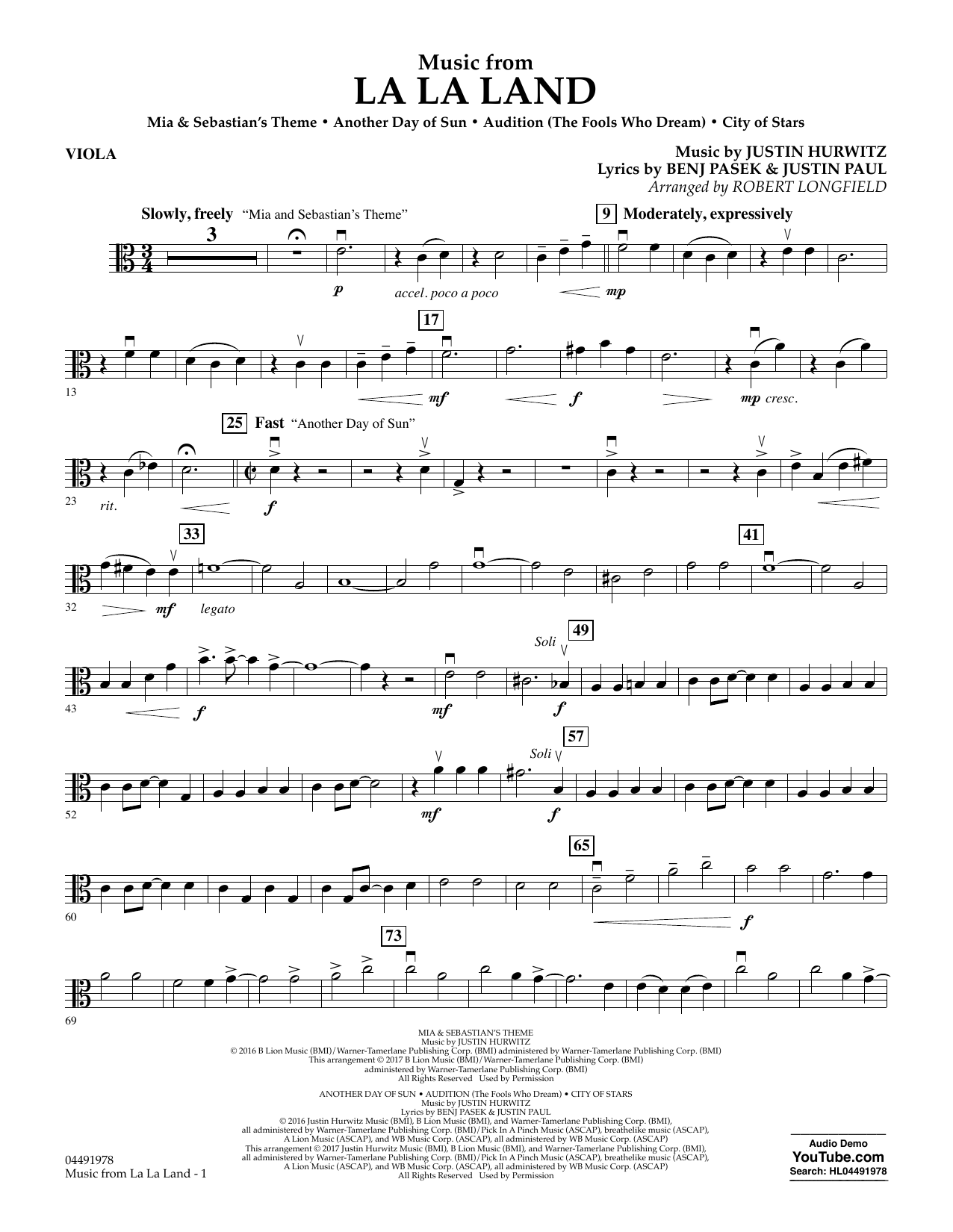 Robert Longfield Music from La La Land - Viola sheet music notes and chords. Download Printable PDF.