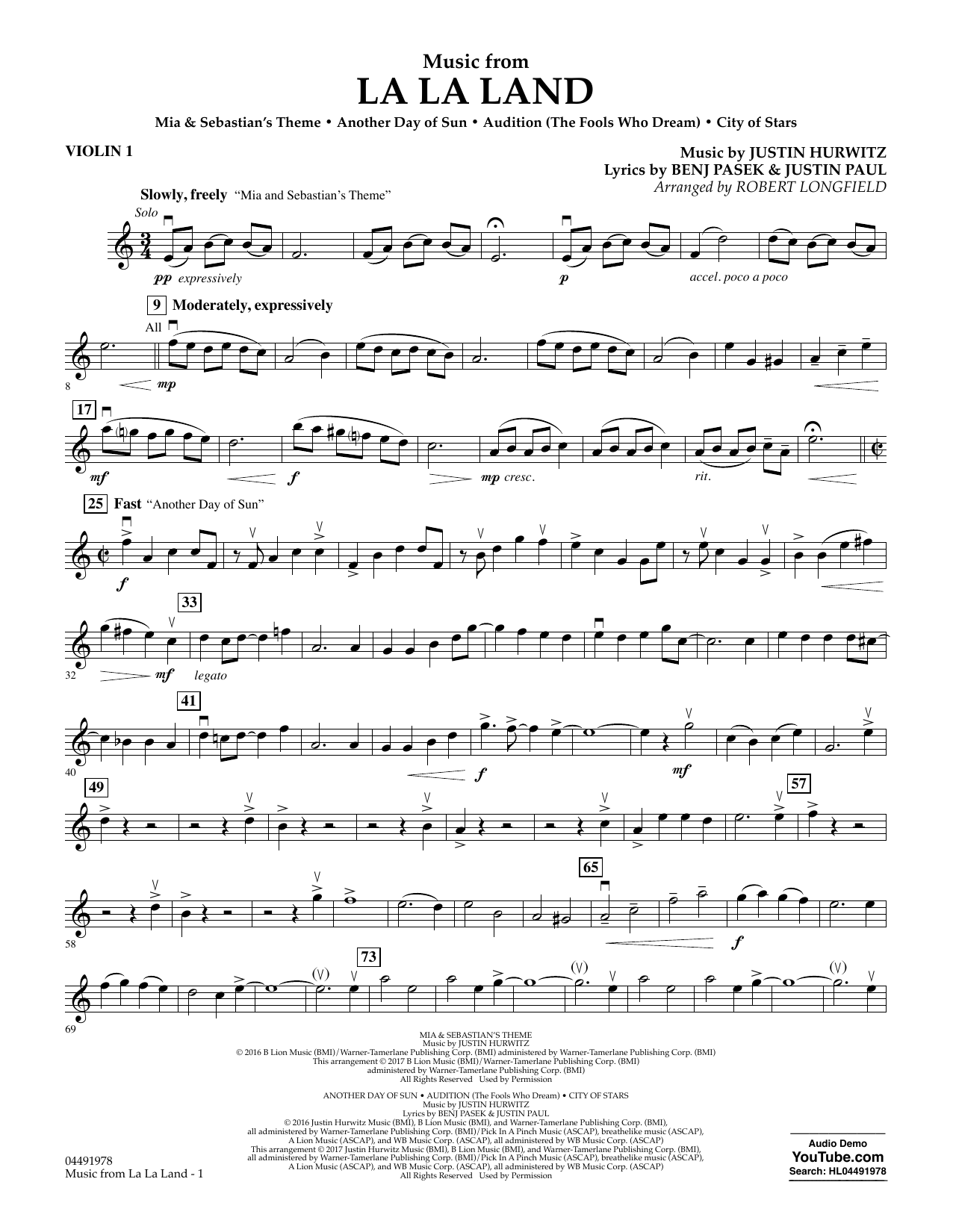 Robert Longfield Music from La La Land - Violin 1 sheet music notes and chords. Download Printable PDF.