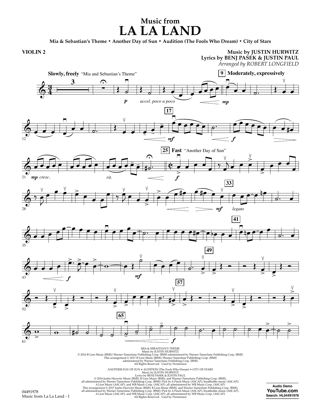 Robert Longfield Music from La La Land - Violin 2 sheet music notes and chords. Download Printable PDF.