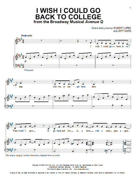 Robert Lopez & Jeff Marx I Wish I Could Go Back To College (from Avenue Q) sheet music notes and chords arranged for Piano & Vocal