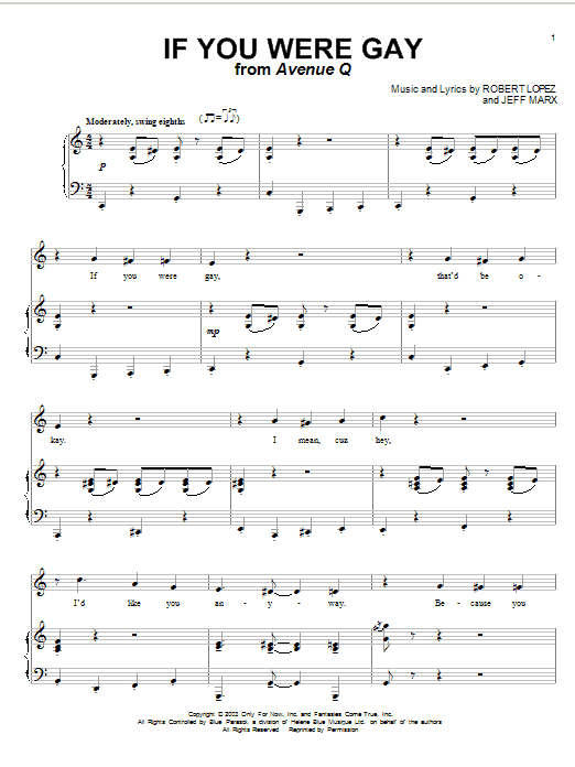 Learn to play Robert Lopez & Jeff Marx If You Were Gay (from Avenue Q) sheet music for Piano, Vocal & Guitar Chords (Right-Hand Melody) in minutes. Price: 7.8900$ Robert Lopez & Jeff Marx If You Were Gay (from Avenue Q) sheet music notes and chords arranged for Piano, Vocal & Guitar Chords (Right-Hand Melody)
