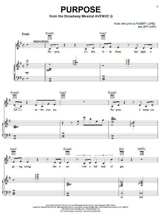 Robert Lopez & Jeff Marx Purpose (from Avenue Q) sheet music notes and chords. Download Printable PDF.