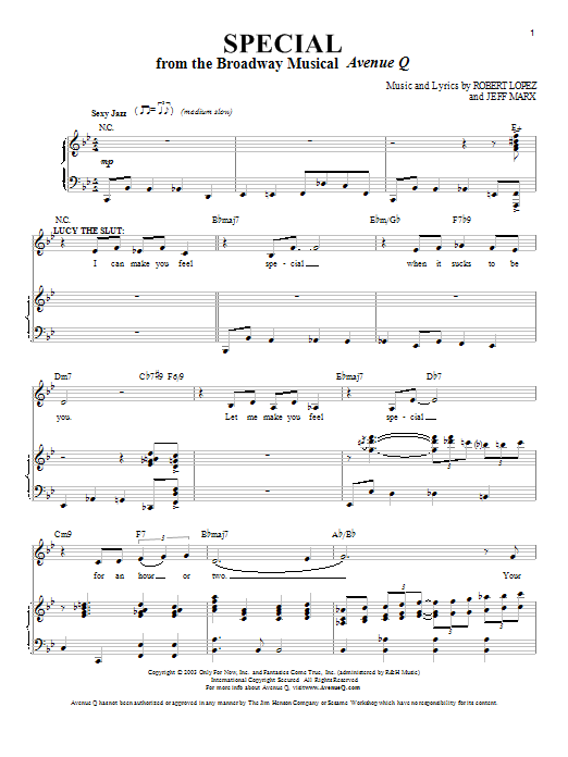 Learn to play Robert Lopez & Jeff Marx Special (from Avenue Q) sheet music for Piano & Vocal in minutes. Price: 7.8900$ Robert Lopez & Jeff Marx Special (from Avenue Q) sheet music notes and chords arranged for Piano & Vocal