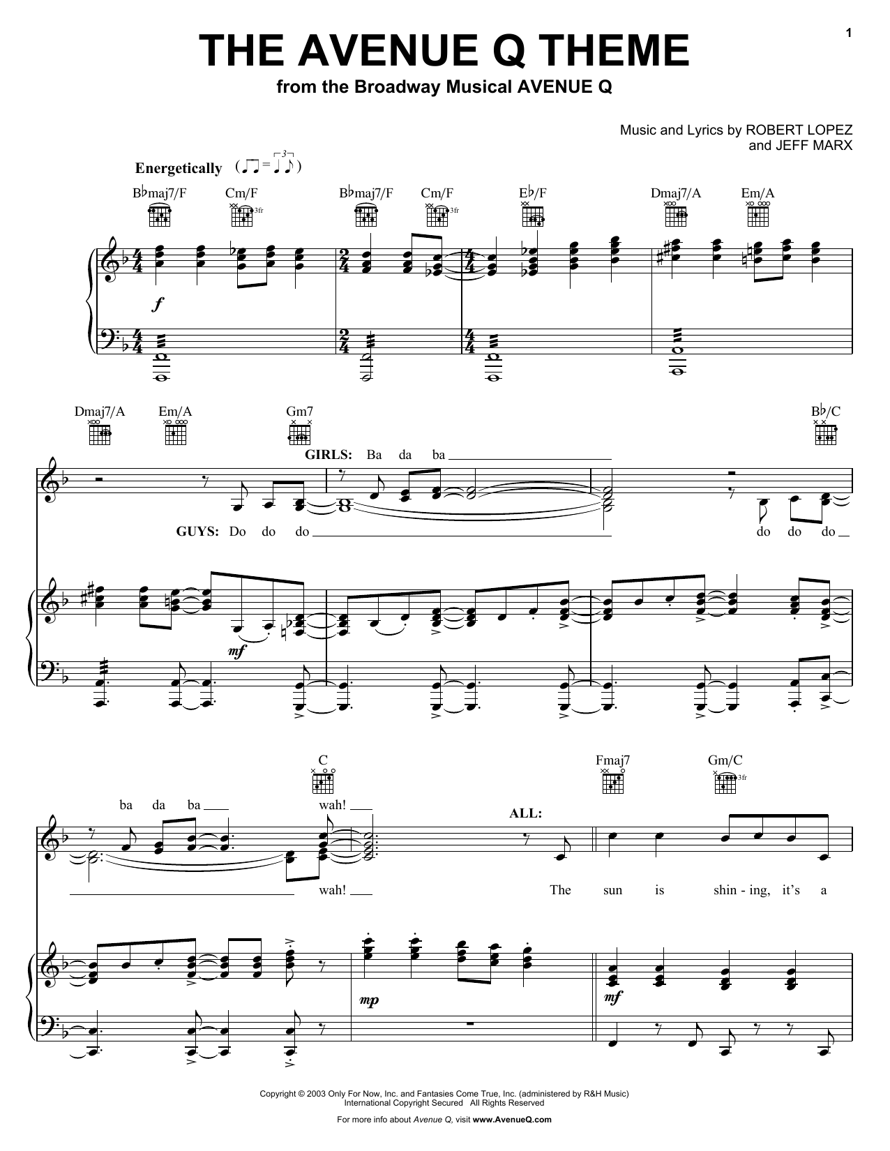 Learn to play Robert Lopez & Jeff Marx The Avenue Q Theme (from Avenue Q) sheet music for Piano & Vocal in minutes. Price: 7.8900$ Robert Lopez & Jeff Marx The Avenue Q Theme (from Avenue Q) sheet music notes and chords arranged for Piano & Vocal