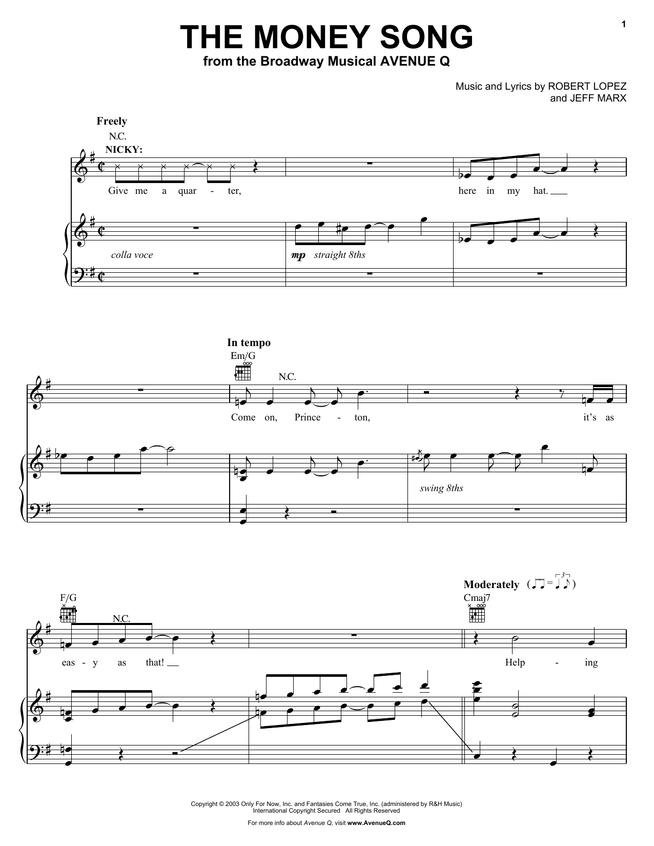 Learn to play Robert Lopez & Jeff Marx The Money Song (from Avenue Q) sheet music for Piano, Vocal & Guitar Chords (Right-Hand Melody) in minutes. Price: 7.8900$ Robert Lopez & Jeff Marx The Money Song (from Avenue Q) sheet music notes and chords arranged for Piano, Vocal & Guitar Chords (Right-Hand Melody)