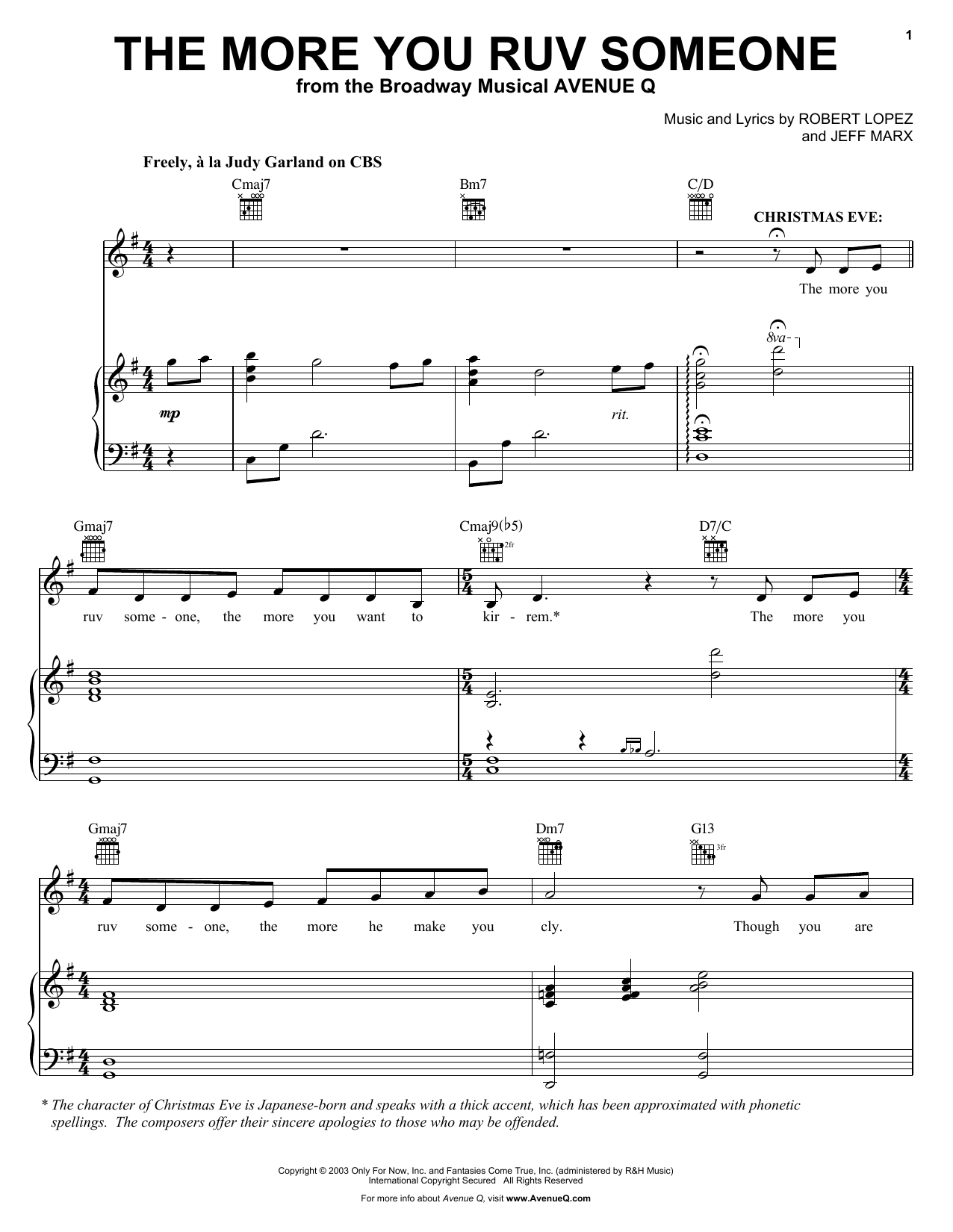 Learn to play Robert Lopez & Jeff Marx The More You Ruv Someone (from Avenue Q) sheet music for Piano, Vocal & Guitar Chords (Right-Hand Melody) in minutes. Price: 7.8900$ Robert Lopez & Jeff Marx The More You Ruv Someone (from Avenue Q) sheet music notes and chords arranged for Piano, Vocal & Guitar Chords (Right-Hand Melody)
