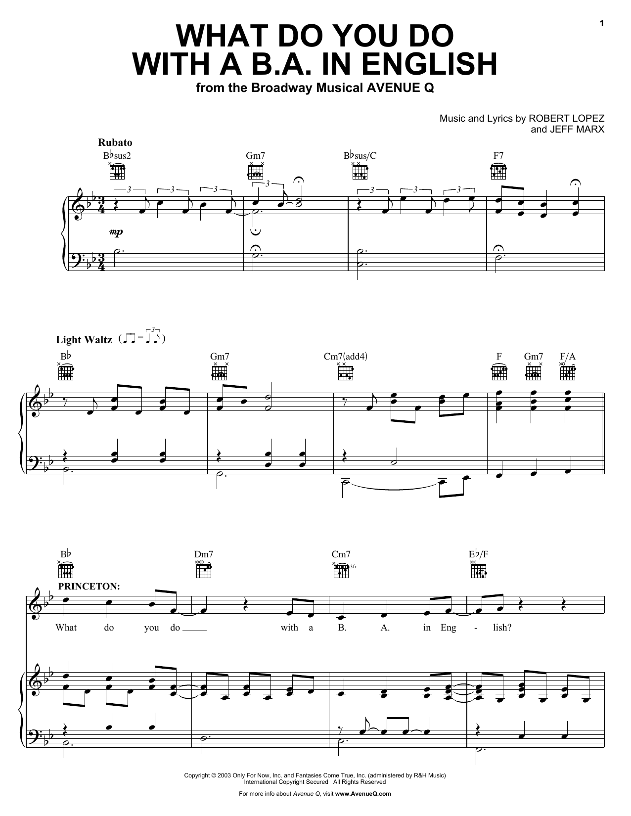 Robert Lopez & Jeff Marx What Do You Do With A B.A. In English (from Avenue Q) sheet music notes and chords. Download Printable PDF.