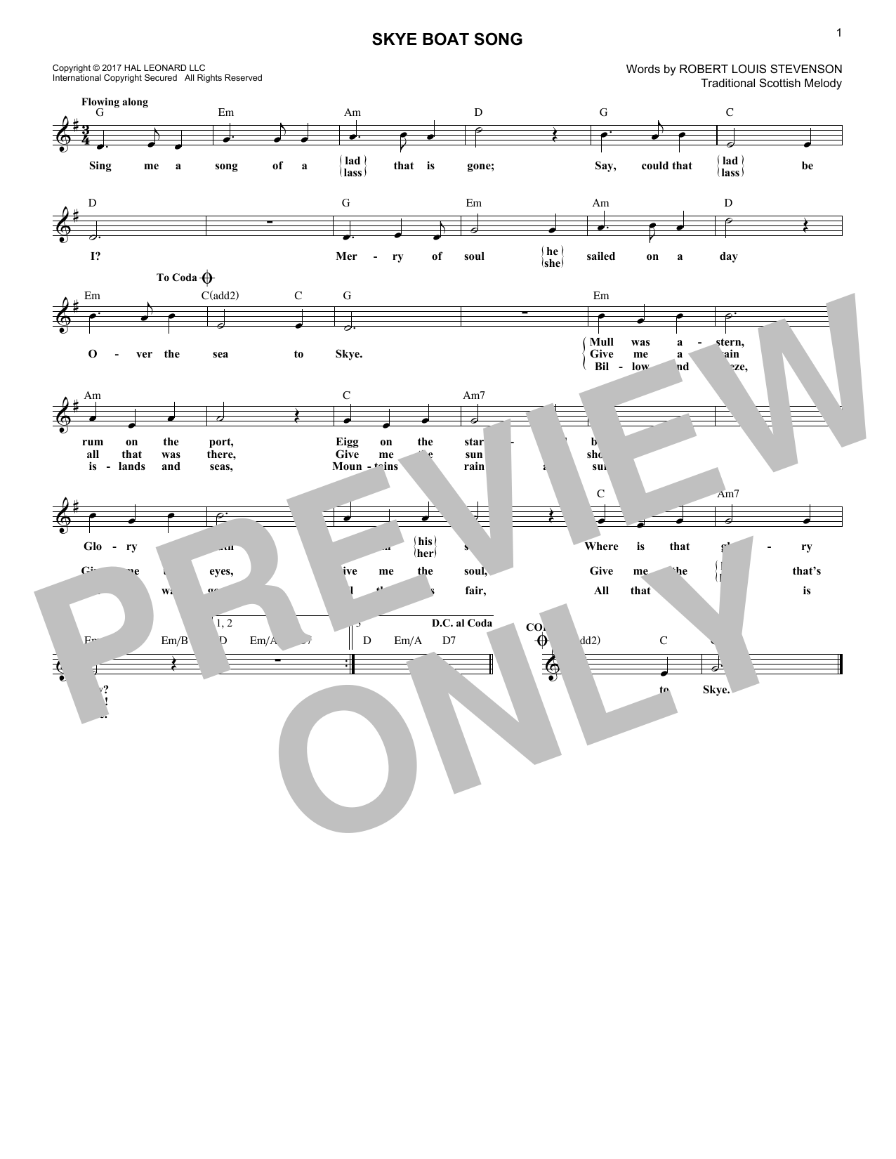 Learn to play Robert Louis Stevenson Skye Boat Song sheet music for Piano, Vocal & Guitar Chords (Right-Hand Melody) in minutes. Price: 7.8900$ Robert Louis Stevenson Skye Boat Song sheet music notes and chords arranged for Piano, Vocal & Guitar Chords (Right-Hand Melody)