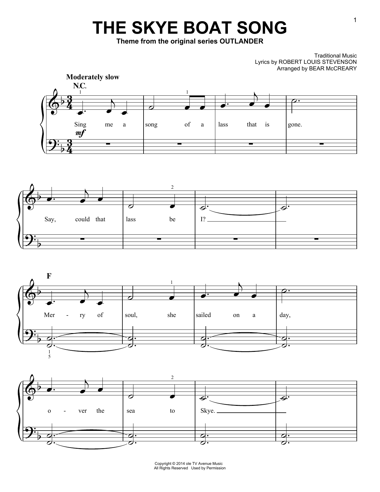 Robert Louis Stevenson The Skye Boat Song (from Outlander) (arr. Bear McCreary) sheet music notes and chords. Download Printable PDF.