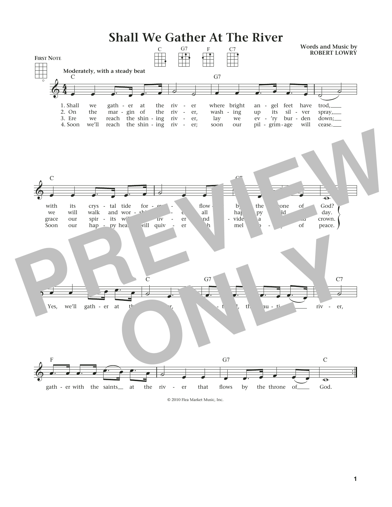 Learn to play Robert Lowry Shall We Gather At The River? (from The Daily Ukulele) (arr. Liz and Jim Beloff) sheet music for Ukulele in minutes. Price: 5.9900$ Robert Lowry Shall We Gather At The River? (from The Daily Ukulele) (arr. Liz and Jim Beloff) sheet music notes and chords arranged for Ukulele