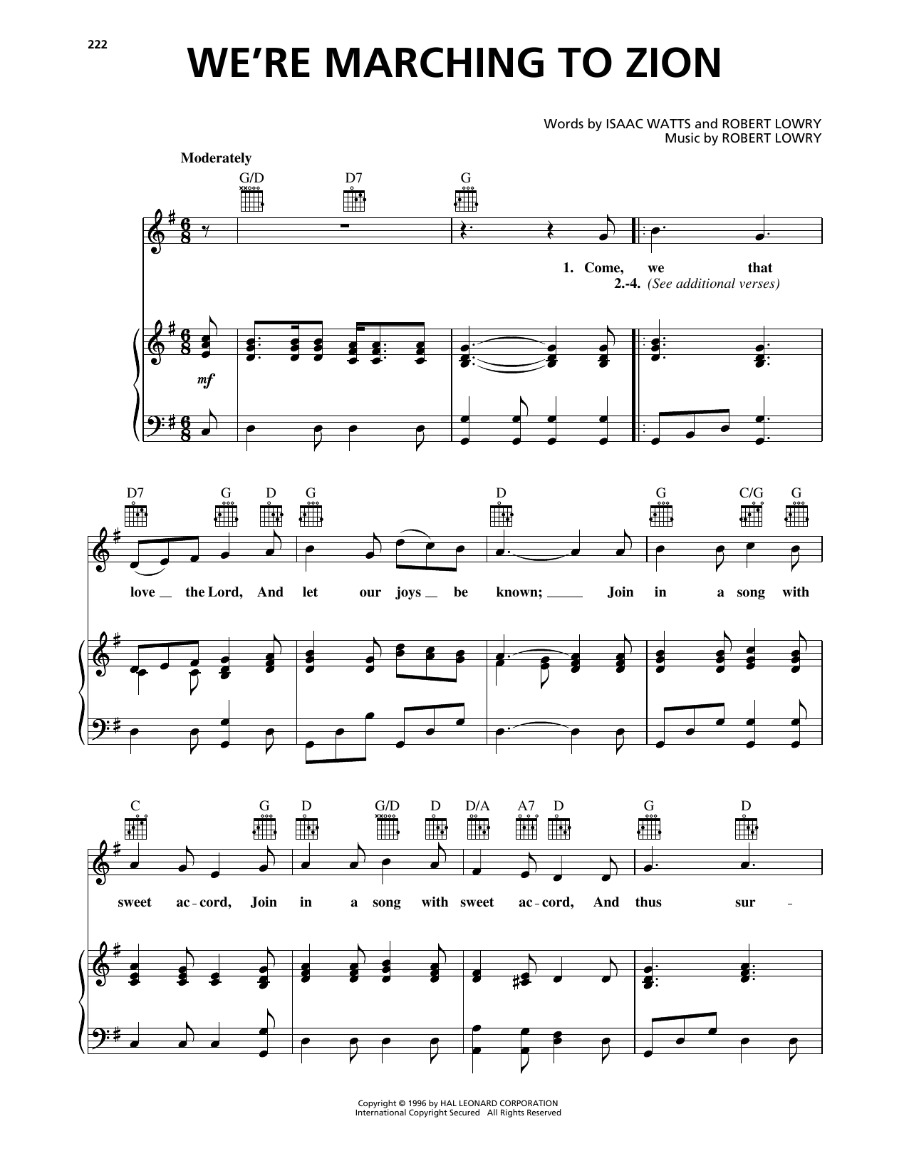 Learn to play Robert Lowry We're Marching To Zion sheet music for Piano, Vocal & Guitar Chords (Right-Hand Melody) in minutes. Price: 7.8900$ Robert Lowry We're Marching To Zion sheet music notes and chords arranged for Piano, Vocal & Guitar Chords (Right-Hand Melody)