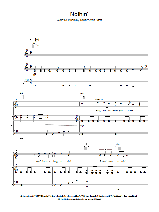 Learn to play Robert Plant and Alison Krauss Nothin' sheet music for Piano, Vocal & Guitar Chords in minutes. Price: 7.8900$ Robert Plant and Alison Krauss Nothin' sheet music notes and chords arranged for Piano, Vocal & Guitar Chords