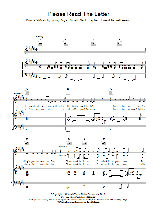 Learn to play Robert Plant and Alison Krauss Please Read The Letter sheet music for Piano, Vocal & Guitar Chords in minutes. Price: 7.8900$ Robert Plant and Alison Krauss Please Read The Letter sheet music notes and chords arranged for Piano, Vocal & Guitar Chords