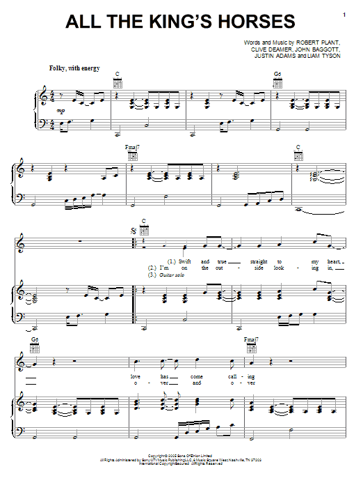 Learn to play Robert Plant All The King's Horses sheet music for Piano, Vocal & Guitar Chords (Right-Hand Melody) in minutes. Price: 7.8900$ Robert Plant All The King's Horses sheet music notes and chords arranged for Piano, Vocal & Guitar Chords (Right-Hand Melody)