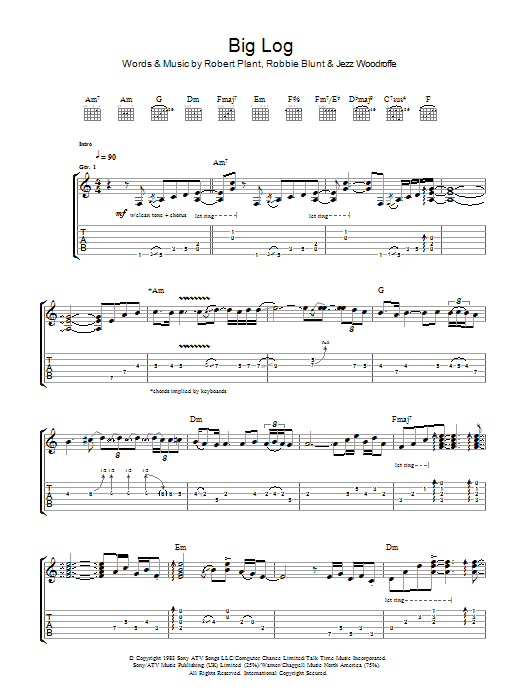 Robert Plant Big Log sheet music notes and chords. Download Printable PDF.