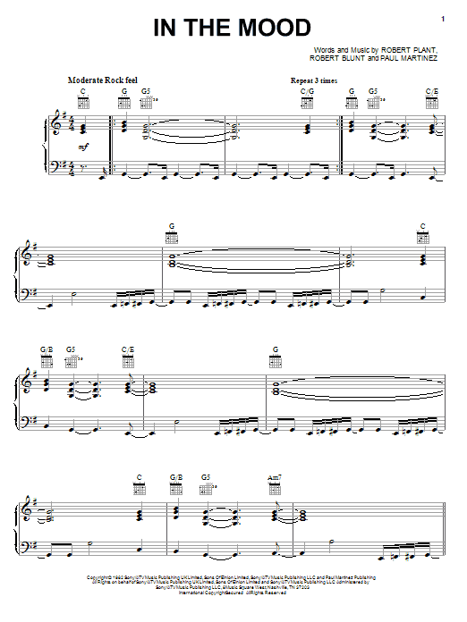 Learn to play Robert Plant In The Mood sheet music for Piano, Vocal & Guitar Chords (Right-Hand Melody) in minutes. Price: 7.8900$ Robert Plant In The Mood sheet music notes and chords arranged for Piano, Vocal & Guitar Chords (Right-Hand Melody)