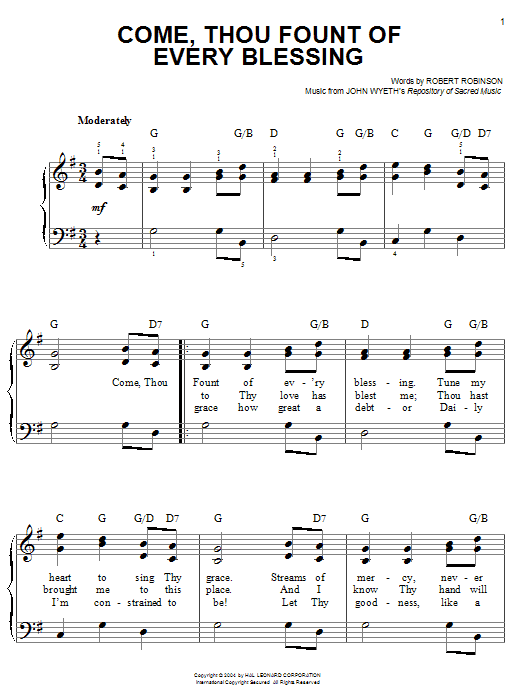 Robert Robinson Come, Thou Fount Of Every Blessing sheet music notes and chords. Download Printable PDF.