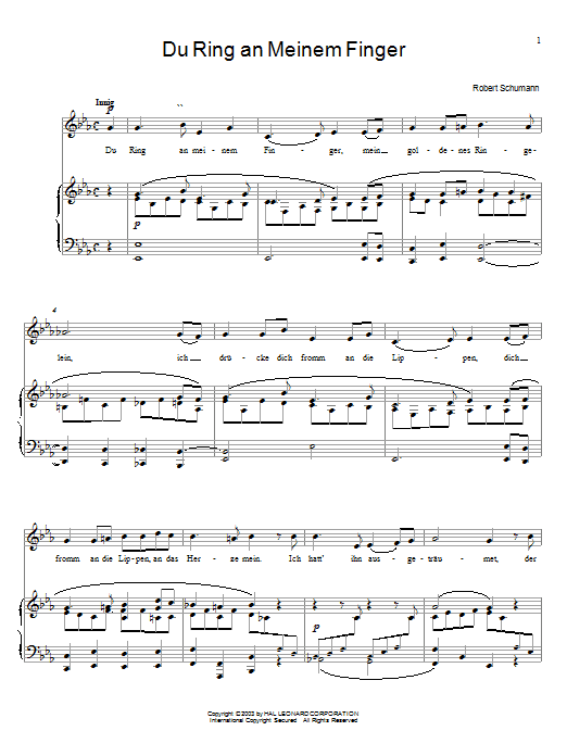 Learn to play Robert Schumann Du Ring An Meinem Finger sheet music for Piano, Vocal & Guitar Chords (Right-Hand Melody) in minutes. Price: 7.8900$ Robert Schumann Du Ring An Meinem Finger sheet music notes and chords arranged for Piano, Vocal & Guitar Chords (Right-Hand Melody)