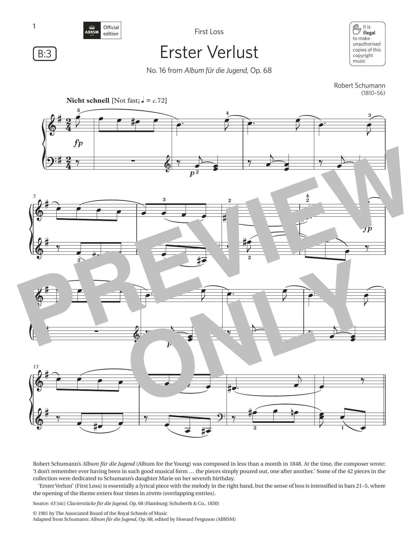 Learn to play Robert Schumann Erster Verlust (Grade 4, list B3, from the ABRSM Piano Syllabus 2021 & 2022) sheet music for Piano Solo in minutes. Price: 5.9900$ Robert Schumann Erster Verlust (Grade 4, list B3, from the ABRSM Piano Syllabus 2021 & 2022) sheet music notes and chords arranged for Piano Solo