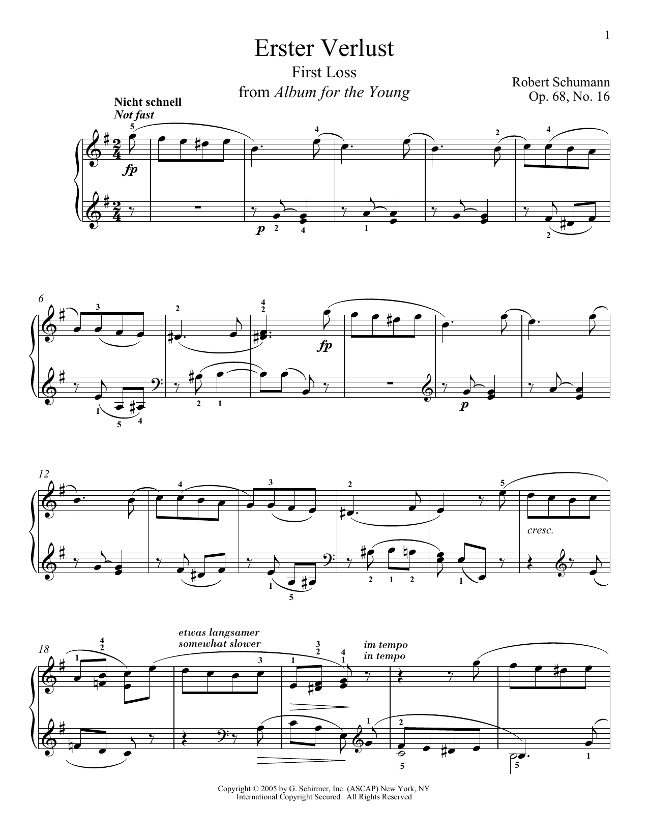 Learn to play Robert Schumann First Loss, Op. 68, No. 16 sheet music for Piano Solo in minutes. Price: 7.8900$ Robert Schumann First Loss, Op. 68, No. 16 sheet music notes and chords arranged for Piano Solo