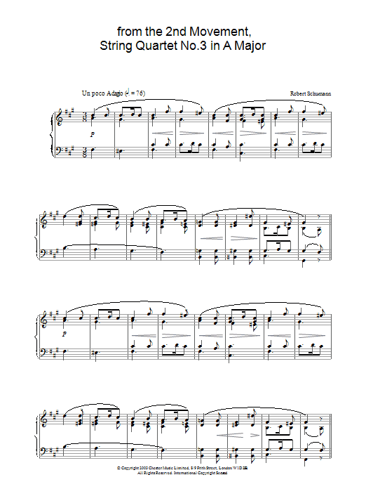 Robert Schumann from the 2nd Movement, String Quartet No.3 in A Major sheet music notes and chords. Download Printable PDF.