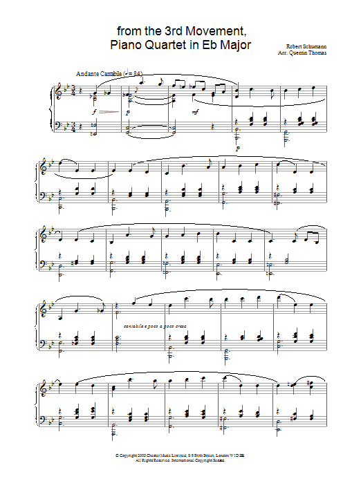 Robert Schumann from the 3rd Movement, Piano Quartet in E Flat Major sheet music notes and chords arranged for Piano Solo