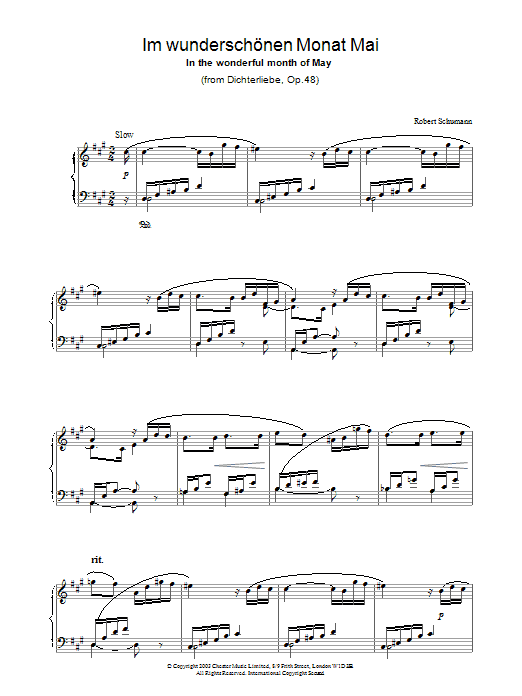 Learn to play Robert Schumann Im wunderschönen Monat Mai sheet music for Piano Solo in minutes. Price: 7.8900$ Robert Schumann Im wunderschönen Monat Mai sheet music notes and chords arranged for Piano Solo