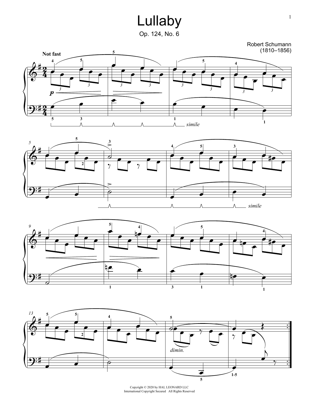 Robert Schumann Little Lullaby, Op. 124, No. 6 sheet music notes and chords. Download Printable PDF.