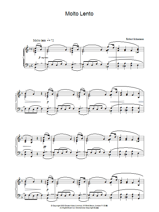 Learn to play Robert Schumann Molto Lento sheet music for Piano Solo in minutes. Price: 7.8900$ Robert Schumann Molto Lento sheet music notes and chords arranged for Piano Solo