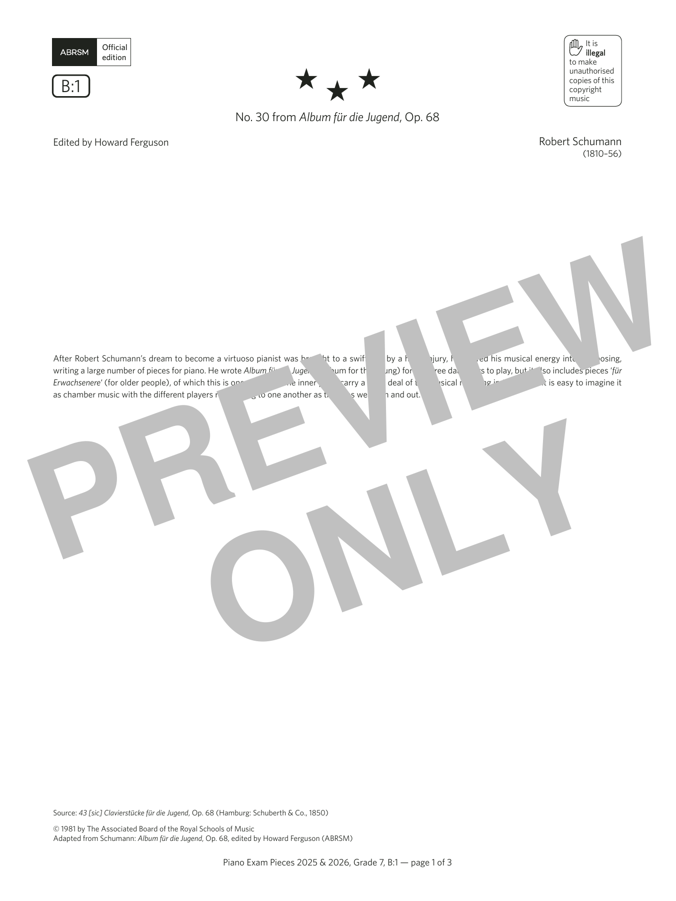 Robert Schumann No 30 from Album fur die Jugend Op 68 (Grade 7, list B1, from the ABRSM Piano Syllabus 2025 & 2026) sheet music notes and chords. Download Printable PDF.