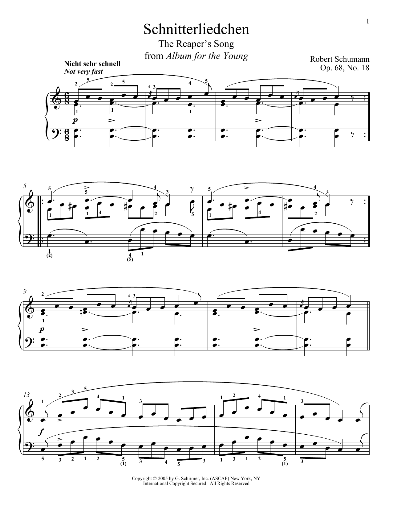 Learn to play Robert Schumann The Reaper's Song, Op. 68, No. 18 (Schnitterliedchen) sheet music for Piano Solo in minutes. Price: 7.8900$ Robert Schumann The Reaper's Song, Op. 68, No. 18 (Schnitterliedchen) sheet music notes and chords arranged for Piano Solo