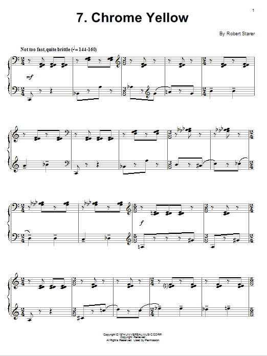 Learn to play Robert Starer Chrome Yellow sheet music for Piano Solo in minutes. Price: 7.8900$ Robert Starer Chrome Yellow sheet music notes and chords arranged for Piano Solo