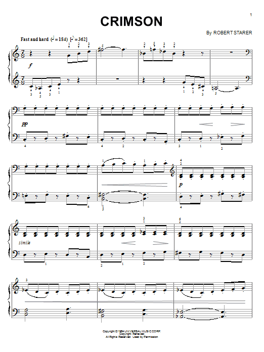 Learn to play Robert Starer Crimson sheet music for Piano Solo in minutes. Price: 7.8900$ Robert Starer Crimson sheet music notes and chords arranged for Piano Solo
