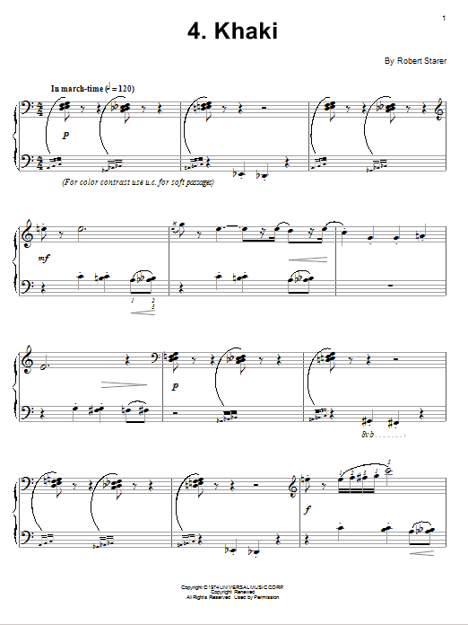 Learn to play Robert Starer Khaki sheet music for Piano Solo in minutes. Price: 7.8900$ Robert Starer Khaki sheet music notes and chords arranged for Piano Solo