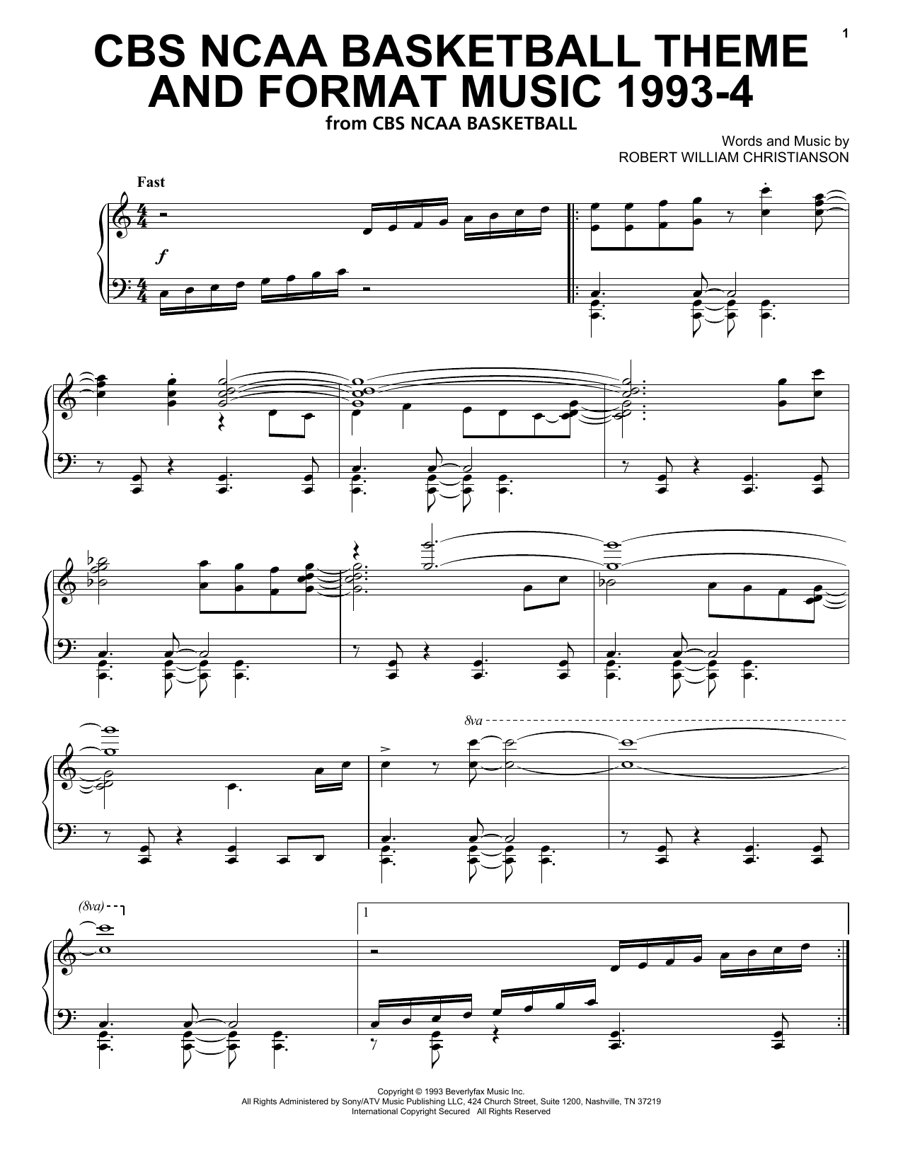 Robert William Christianson CBS NCAA Basketball Theme And Format Music 1993-4 sheet music notes and chords. Download Printable PDF.