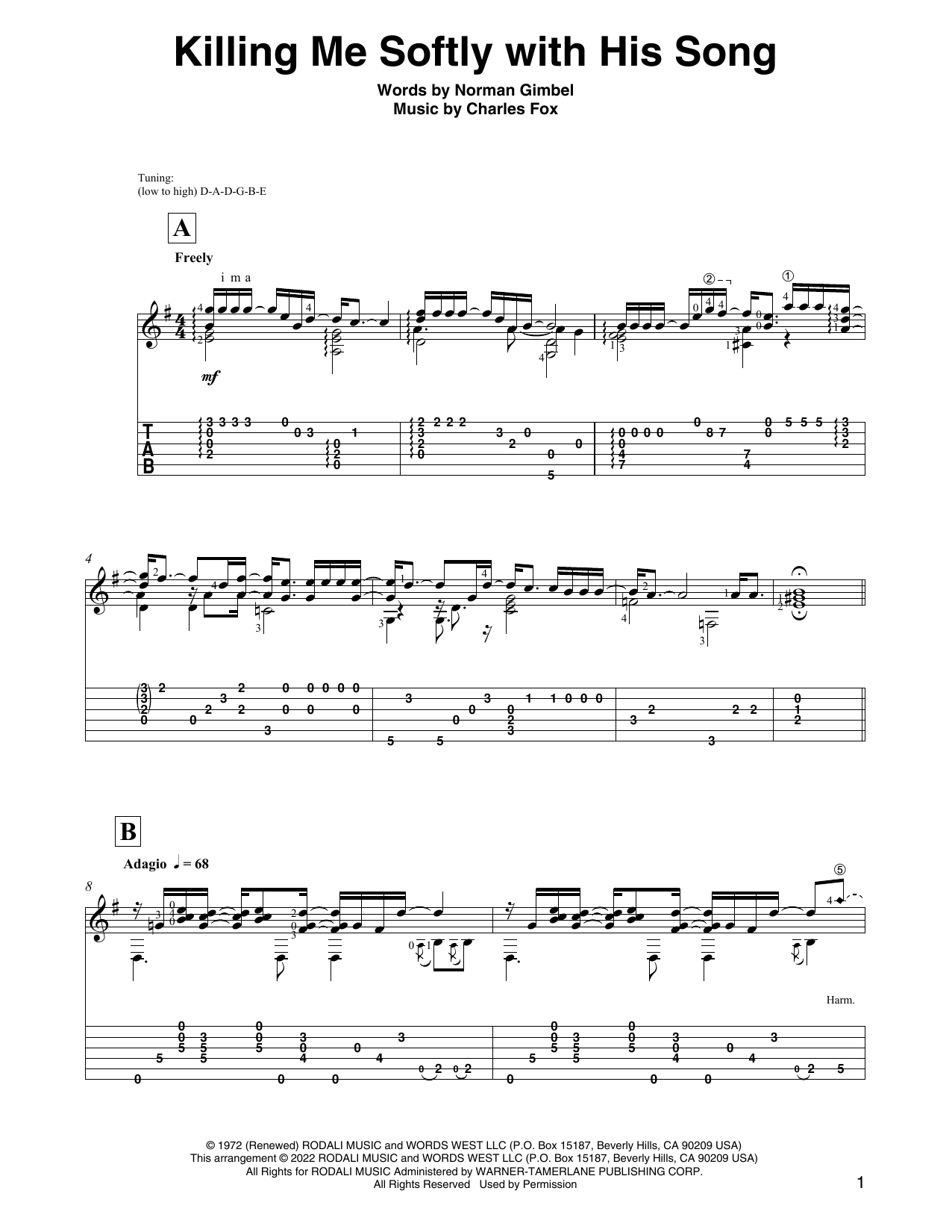 Roberta Flack Killing Me Softly With His Song (arr. David Jaggs) sheet music notes and chords. Download Printable PDF.