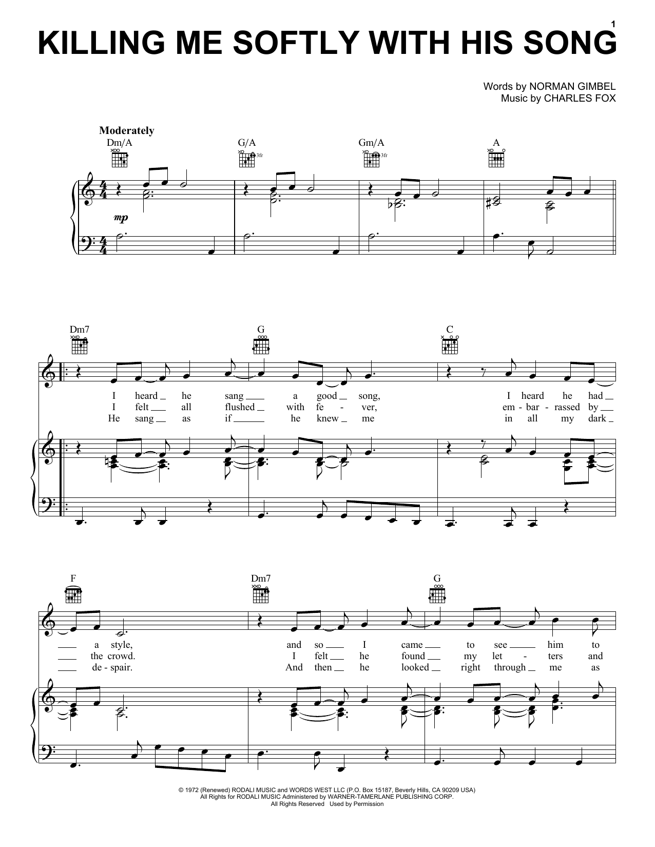 Fugees Killing Me Softly With His Song sheet music notes and chords arranged for Piano, Vocal & Guitar Chords (Right-Hand Melody)