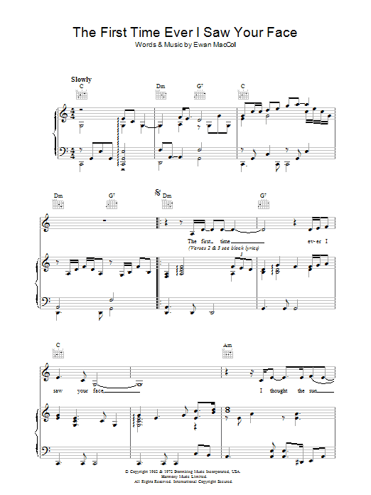 Roberta Flack The First Time Ever I Saw Your Face sheet music notes and chords. Download Printable PDF.