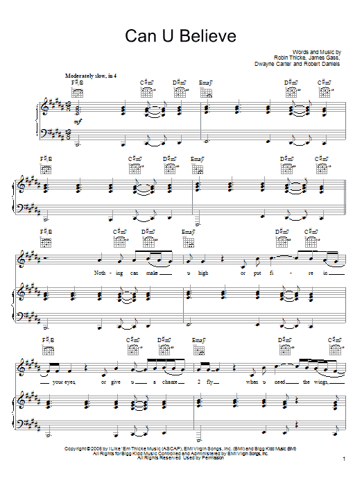 Learn to play Robin Thicke Can U Believe sheet music for Piano, Vocal & Guitar Chords (Right-Hand Melody) in minutes. Price: 7.8900$ Robin Thicke Can U Believe sheet music notes and chords arranged for Piano, Vocal & Guitar Chords (Right-Hand Melody)