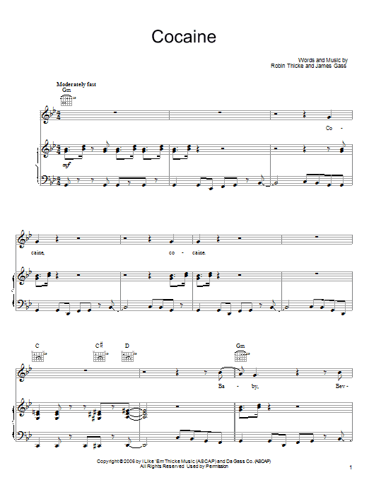 Learn to play Robin Thicke Cocaine sheet music for Piano, Vocal & Guitar Chords (Right-Hand Melody) in minutes. Price: 7.8900$ Robin Thicke Cocaine sheet music notes and chords arranged for Piano, Vocal & Guitar Chords (Right-Hand Melody)