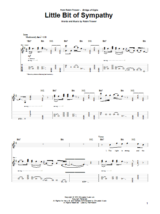 Robin Trower Little Bit Of Sympathy sheet music notes and chords. Download Printable PDF.