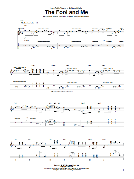 Robin Trower The Fool And Me sheet music notes and chords. Download Printable PDF.