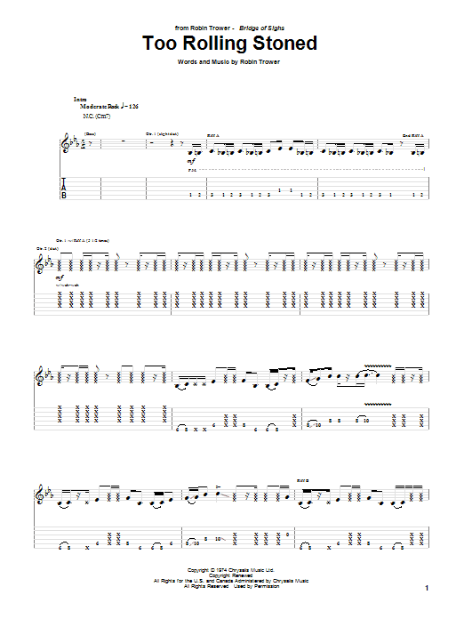 Robin Trower Too Rolling Stoned sheet music notes and chords. Download Printable PDF.