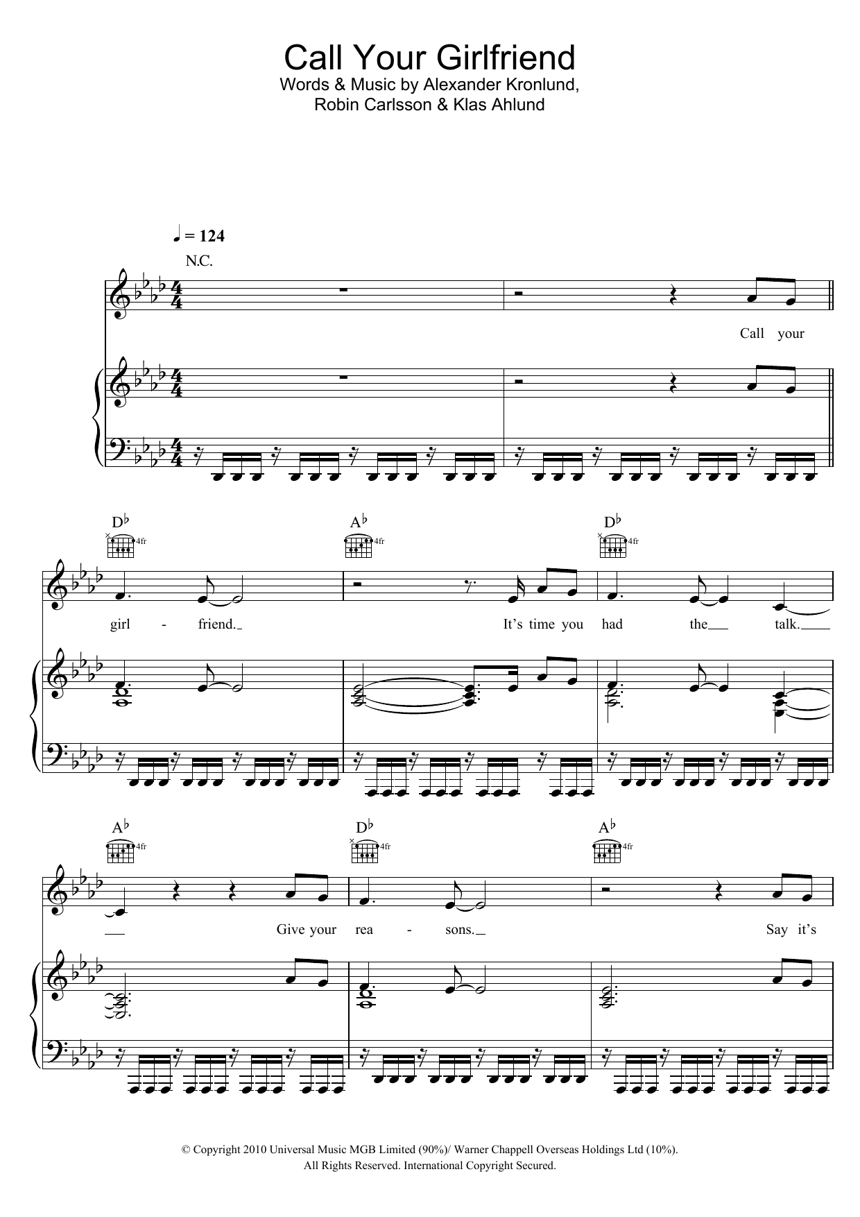 Learn to play Robyn Call Your Girlfriend sheet music for Piano, Vocal & Guitar Chords in minutes. Price: 7.8900$ Robyn Call Your Girlfriend sheet music notes and chords arranged for Piano, Vocal & Guitar Chords