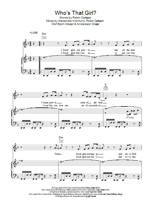 Learn to play Robyn Who's That Girl sheet music for Piano, Vocal & Guitar Chords in minutes. Price: 7.8900$ Robyn Who's That Girl sheet music notes and chords arranged for Piano, Vocal & Guitar Chords