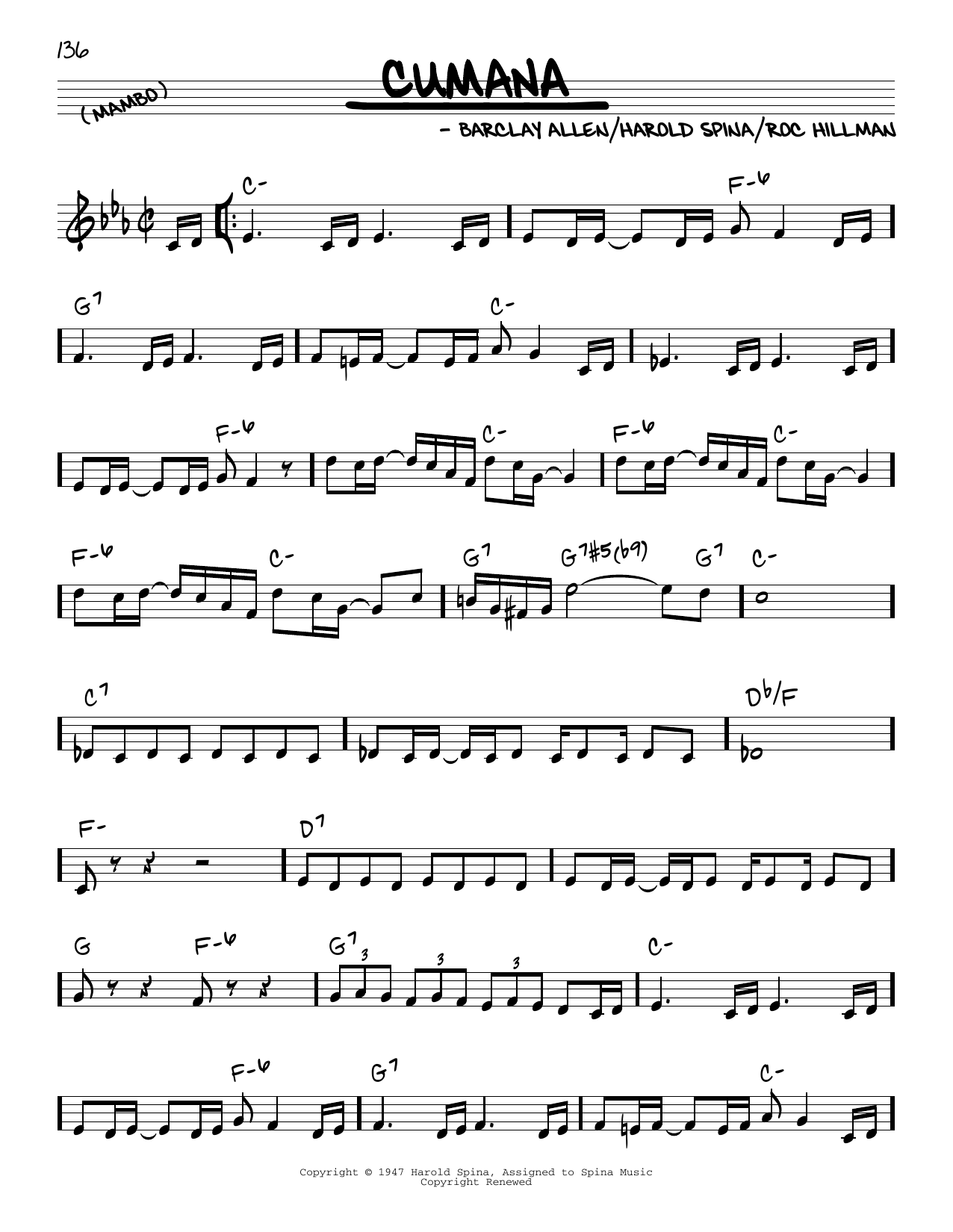 Learn to play Roc Hillman Cumana sheet music for Real Book – Melody & Chords in minutes. Price: 5.9900$ Roc Hillman Cumana sheet music notes and chords arranged for Real Book – Melody & Chords